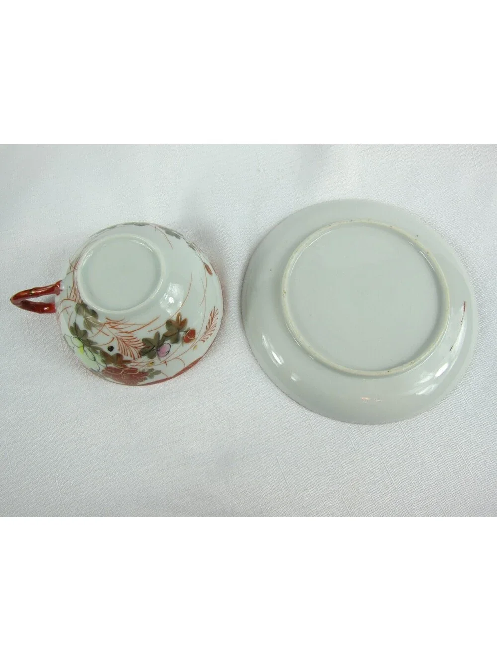 Antique Floral Red Pink Green & Gold Accent Tea Cup & Saucer Set Hand Painted